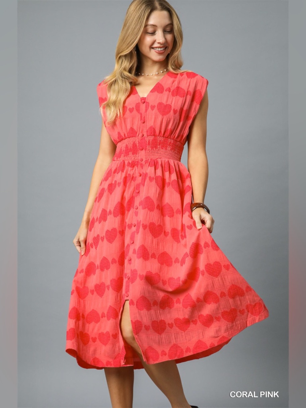 #184 New!  Coral Pink Heart-Print Button-Front Midi Dress